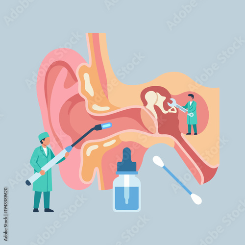 An illustration of a doctor examining the inner ear with tools, along with a dropper and cotton swab, emphasizing health, medical care, and auditory well-being.