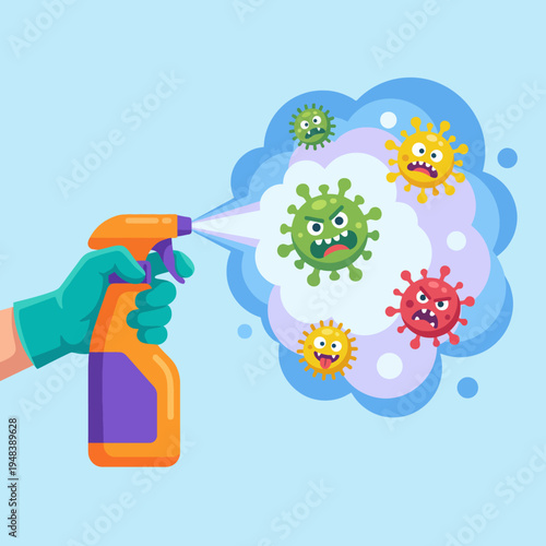 A vibrant illustration depicting a cleaning spray bottle combating colorful germs, highlighting the importance of hygiene and health in an engaging and modern style.
