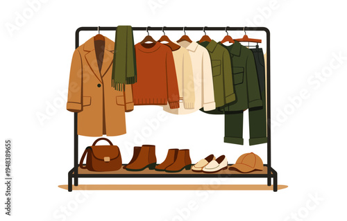Autumn wardrobe essentials with coats, sweaters, and boots on rack