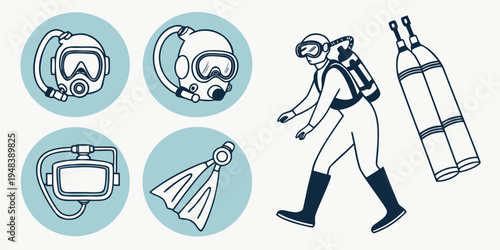 a scuba diver with scuba gear and oxygen tank Vector