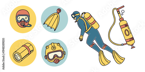 scuba diver with oxygen tank and diving gear Vector