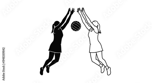 Two netball players reaching for the ball in a game