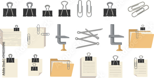 Vector Illustration of Office Stationery Including Paper Clips, Binder Clips, File Folders, and Document Organizers for Office Supplies and Workspace