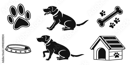 black dog icons with kennel and accessories Vector