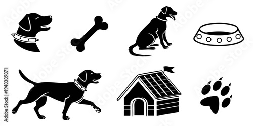 black dog icons with dog house and accessories Vector