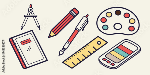 a collection of art supplies and stationery items Vector