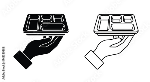 Hands holding black plastic food trays shown in outline and filled styles