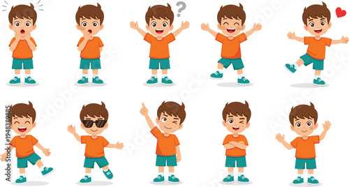 Cartoon set of little boy character in orange shirt showing various poses emotions and gestures for mascot animation and storytelling