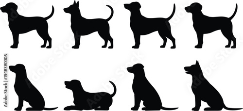 Collection of dog silhouette vector icons featuring various breeds in sitting and standing poses for pet shop logos, veterinary branding, animal welfare posters, and canine themed graphic designs.