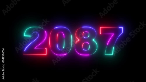 Happy new year 2087 Neon animated background. Video animation of abstract neon light with the numbers 2087 over blue background - represents the new year.
