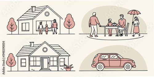 a set of illustrations depicting family and home Vector