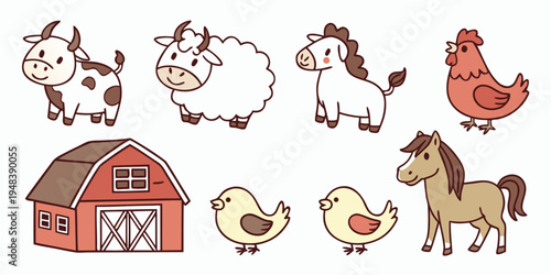 a farm scene with animals and a barn Vector
