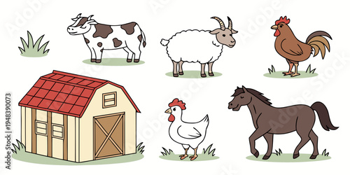 a barn and farm animals on a grassy field Vector
