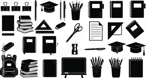 Vector Illustration of School Supplies Including Notebooks, Pens, Pencils, Books, Backpacks, Erasers, Rulers, and Graduation Caps for Education Concepts