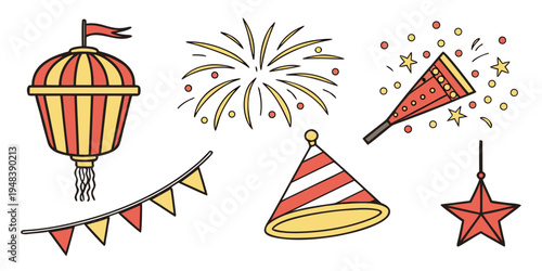 a collection of festive party objects and decorations Vector