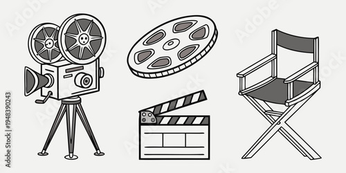 film making icons including camera and chair Vector
