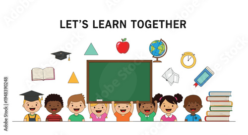 Group of diverse children standing together and holding up a large green chalkboard with educational let us learn text.