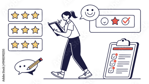 a woman reviews a document with a happy expression Vector