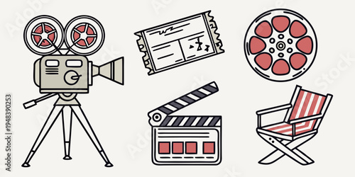 film making icons including a camera and clapper board Vector
