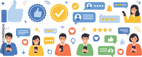 Vector Illustration of Social Media Reactions and Feedback with Likes, Comments, Stars, Reviews, and Users Engaging on Smartphones