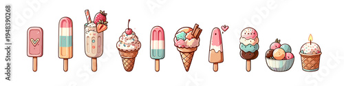 Colorful assortment of ice cream, popsicles, and desserts in cute artistic style