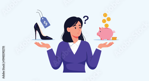 Young woman standing between a pair of expensive high heels and a piggy bank making a difficult financial decision.