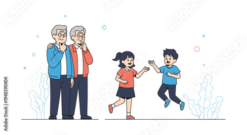 Elderly men observe young children playing and jumping with joy in minimalist line art style family illustration.