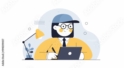 Creative person with laptop and lamp working at desk