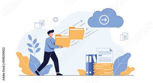 Office worker character uploads digital folders to cloud storage system for efficient data management and backup.