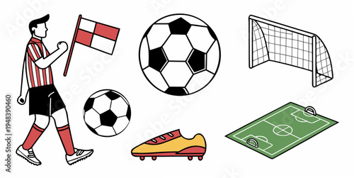 a soccer player and various soccer equipment Vector