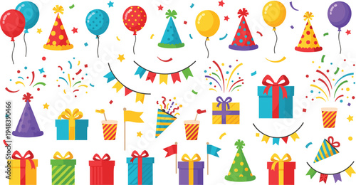 Vector Set of Birthday Party Elements with Balloons, Party Hats, Confetti, Gift Boxes, Banners, and Celebration Decorations