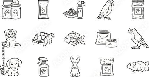 Collection of line-art pet care items and animals
