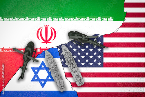 Flags of Iran, the United States and Israel separated by a cracked wall, with toy battleships and helicopters representing escalating Middle East tensions and war