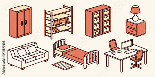 a collection of furniture for a bedroom and office Vector