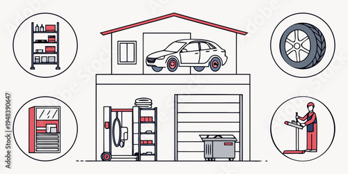 a garage with various car repair equipment Vector