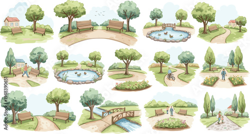 Vector Set of City Park Landscapes with Benches, Trees, Pond, Bridge, Walking Paths, and People Relaxing in Green Urban Garden Scenes