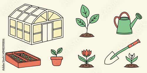 collection of gardening tools and plants Vector