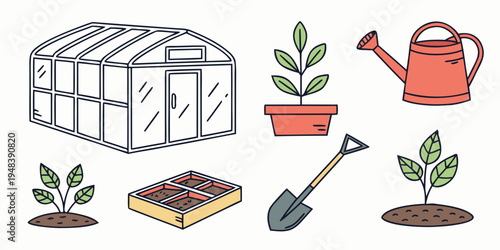 a set of gardening tools and plants Vector