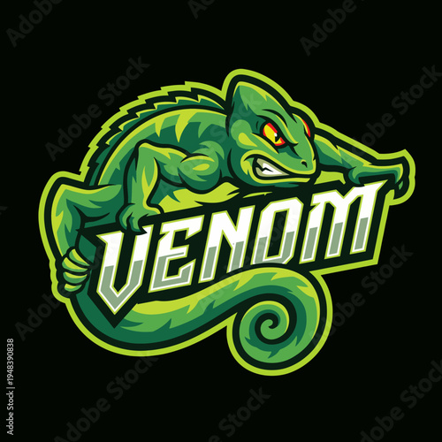 A fierce cartoon lizard called 'Venom' clings to its sign, depicting a vibrant and edgy character, representing boldness and creativity in graphic design and branding.
