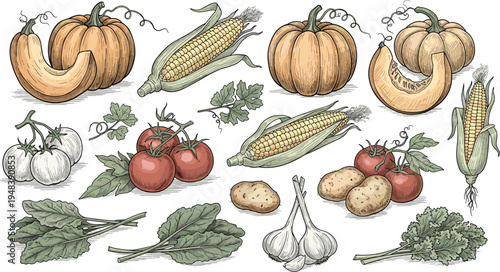 Vector Set of Farm Vegetables Including Pumpkin, Corn, Tomato, Garlic, Potato, and Leafy Greens for Organic Agriculture Illustration