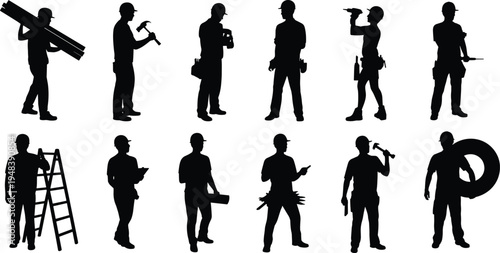Construction worker silhouettes set, builders with tools, hammer drill ladder equipment, contractor labor collection, industrial handyman team, black silhouette vector illustration