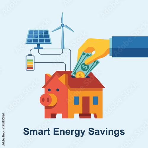 This image illustrates a hand placing money into a house modeled as a piggy bank, highlighting smart energy savings with solar panels and wind turbines.