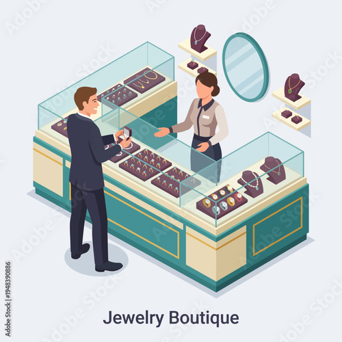 A modern jewelry boutique featuring glass display cases filled with elegant jewelry. A customer interacts with an attentive salesperson in a stylish shopping environment.