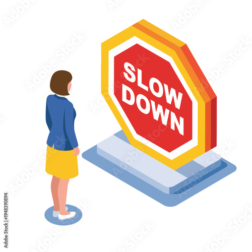 A woman stands before a bold stop sign marked 'SLOW DOWN', emphasizing the need for caution and awareness in our fast-paced lives and the importance of slowing down.