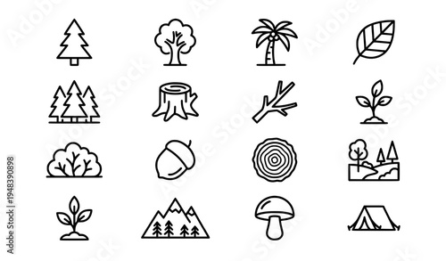 Trees and woodland editable stroke icon set black and white forest line vector collection