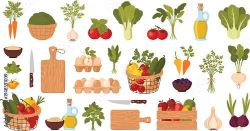 Vector Set of Fresh Vegetables and Cooking Ingredients with Carrots, Tomatoes, Garlic, Olive Oil, Eggs, and Farm Produce Elements