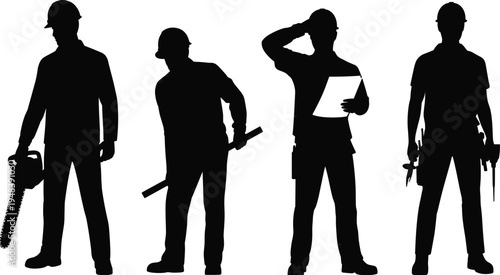 Construction worker silhouettes with chainsaw, hammer and tools, engineer reading blueprint, industrial builder team, manual labor profession, isolated vector illustration set