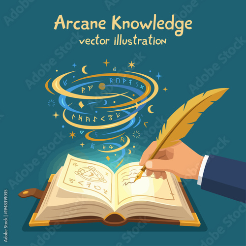 An enchanting illustration of an open book filled with swirling arcane knowledge, accompanied by a quill, symbolizing wisdom and the secrets of the universe.