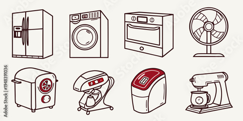 line drawings of various household appliances Vector