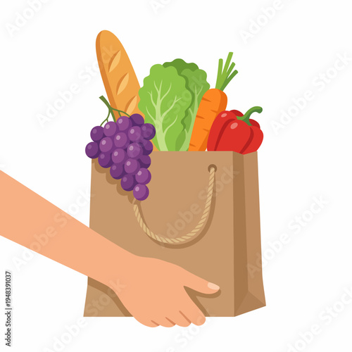 A hand holding a grocery bag overflowing with fresh vegetables and fruits, portraying healthy eating and the importance of nutrition in our daily lives.